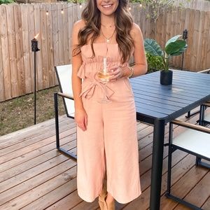 Blush Jumpsuit Tie Belt Strapless Ruffle Pockets S